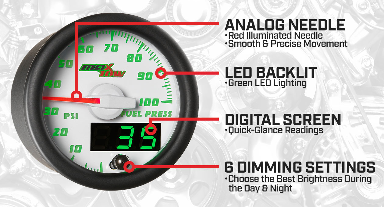 White & Green Double Vision 100 PSI Fuel Pressure Gauge Features