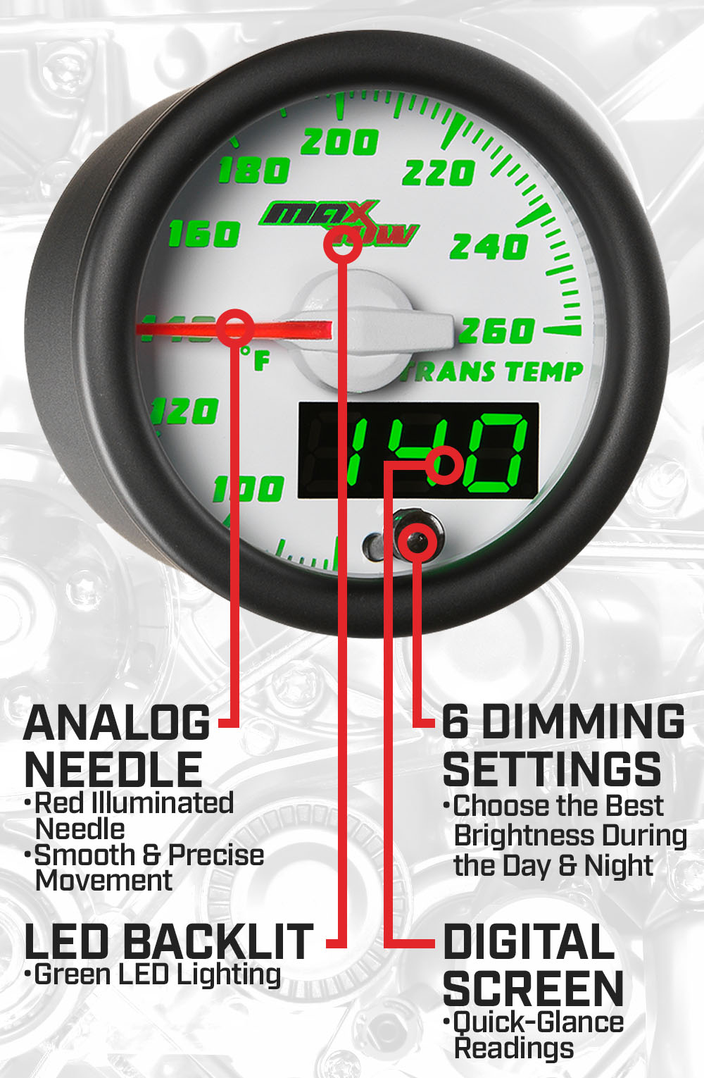 White & Green Double Vision Transmission Temperature Gauge Features