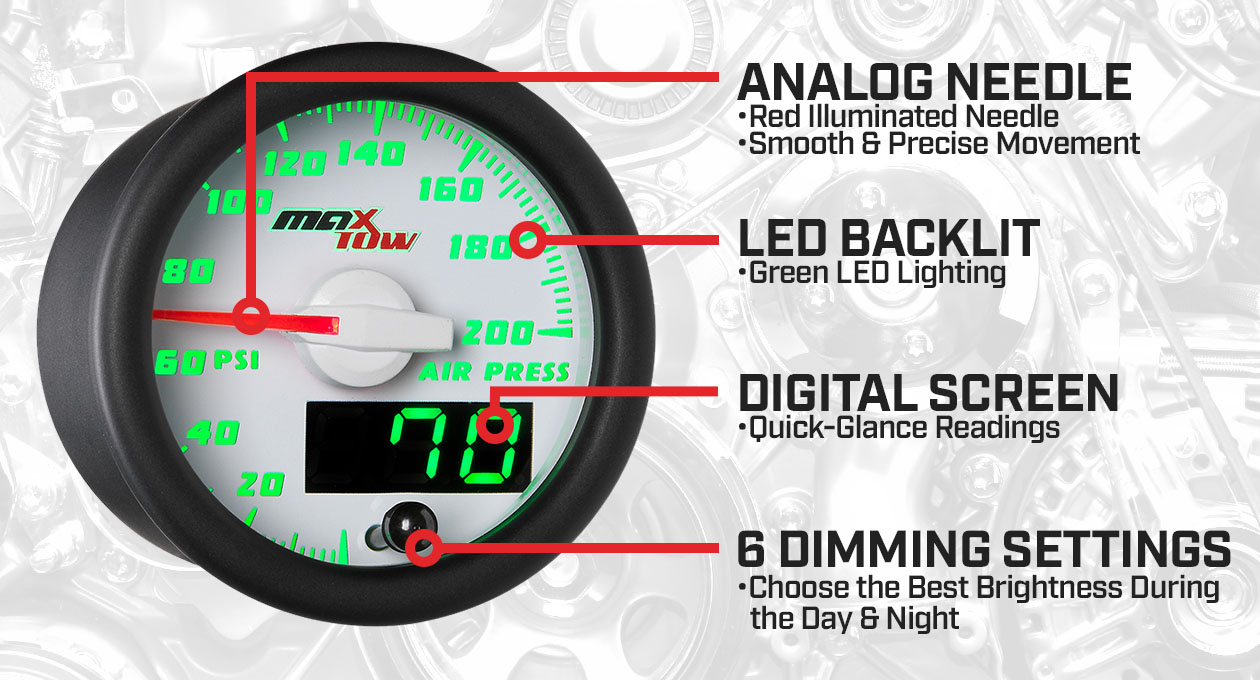 White & Green Double Vision Air Pressure Gauge Features