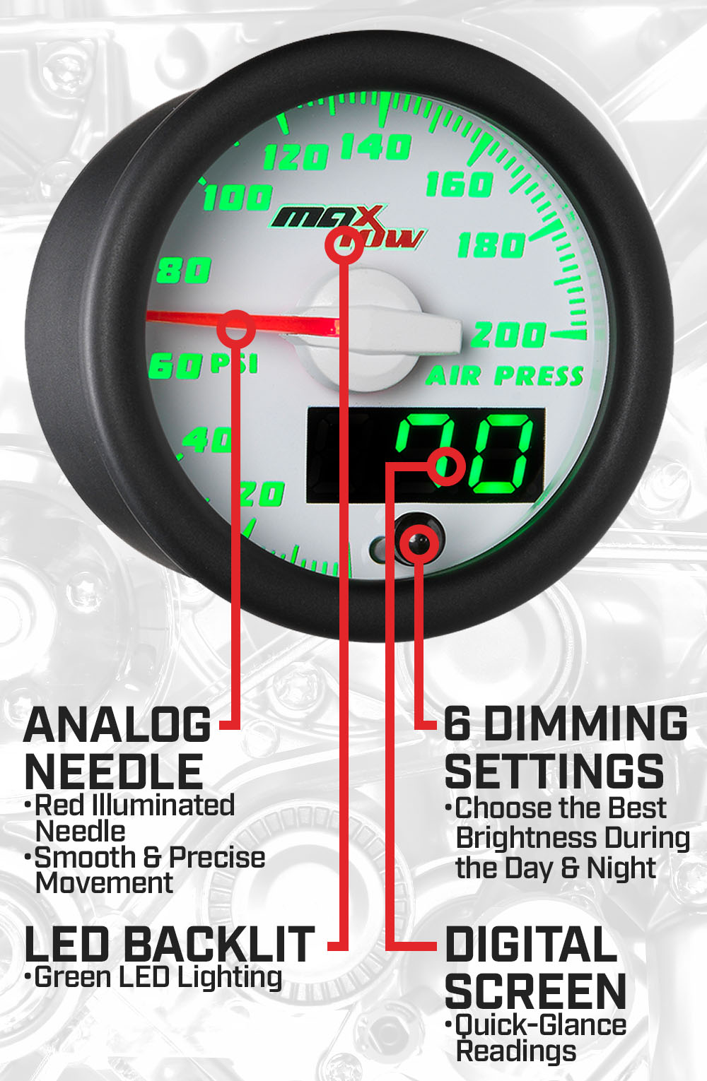 White & Green Double Vision Air Pressure Gauge Features