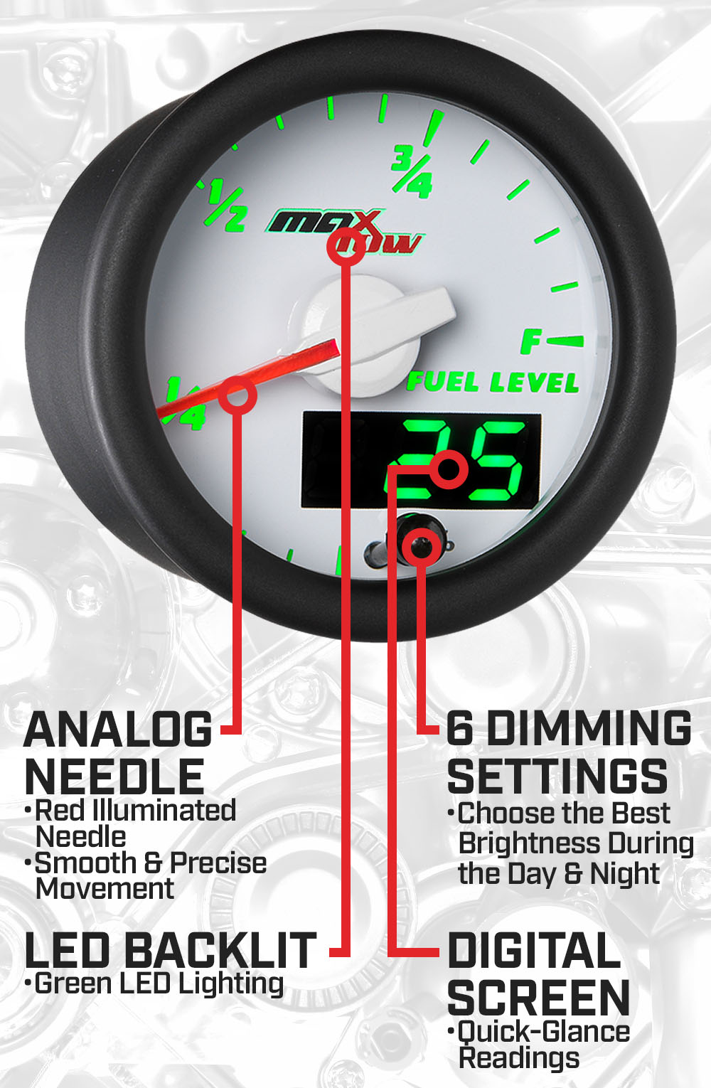 White & Green Double Vision Fuel Level Gauge Features