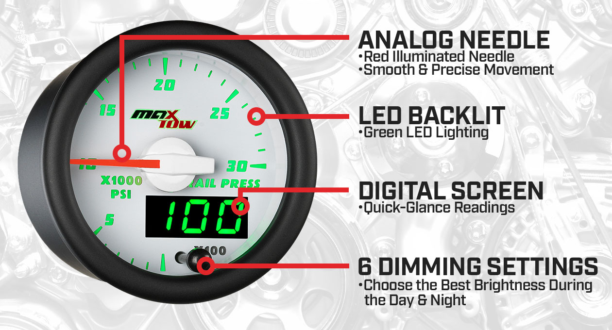 White & Green Double Vision Fuel Rail Pressure Gauge Features