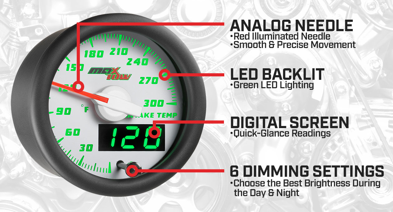 White & Green Double Vision Rear Differential Temperature Gauge Features