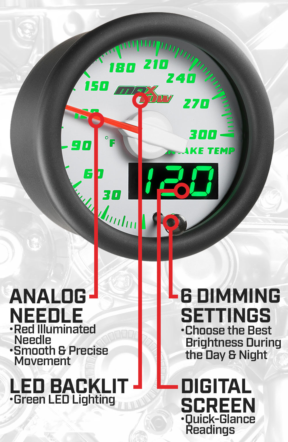 White & Green Double Vision Rear Differential Temperature Gauge Features