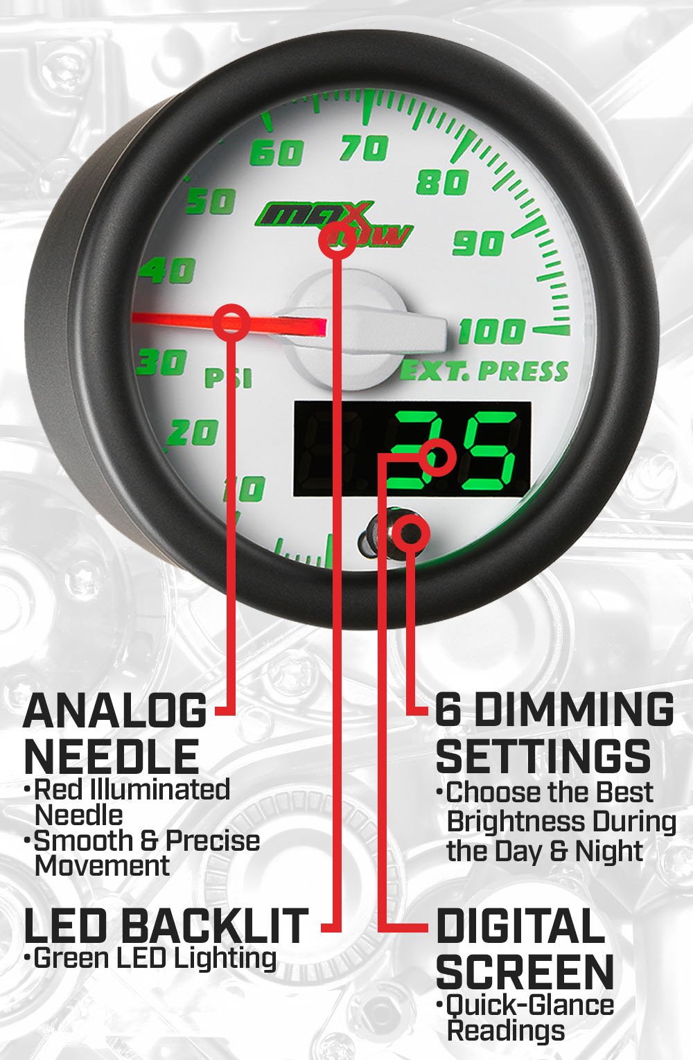 White & Green Double Vision 100 PSI Drive Pressure Gauge Features