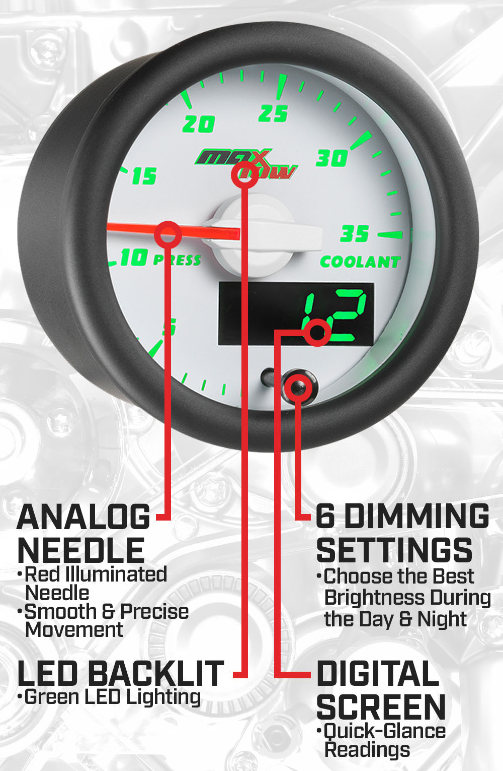 White & Green Double Vision 35 PSI Coolant Pressure Gauge Features