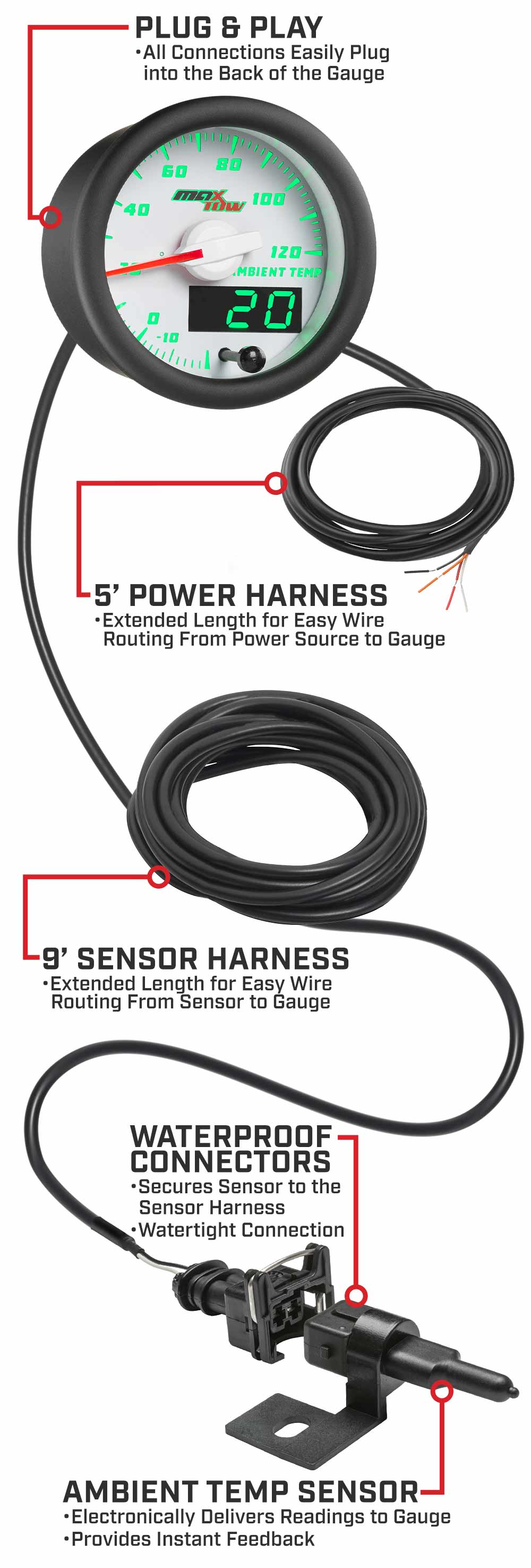 White & Green Double Vision Outside Air Temperature Gauge Parts & Wiring