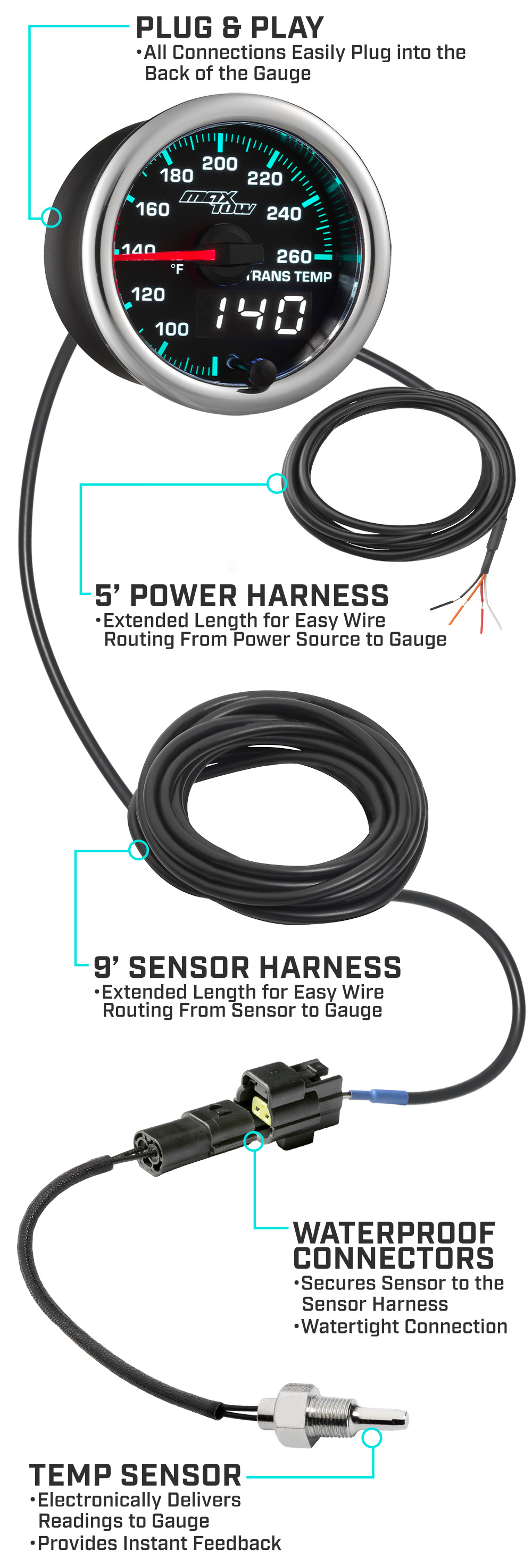 MaxTow Match 2014-2020 6.6 Duramax Trans Temp Gauge Parts and Wiring