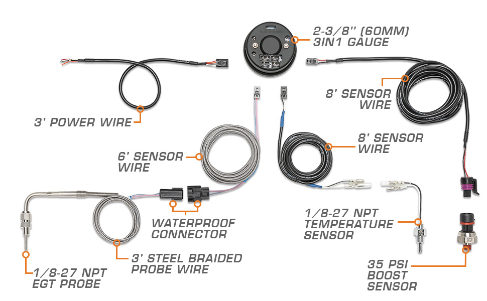 3in1 Combo Diesel Gauge Series Parts & Wiring Schematic