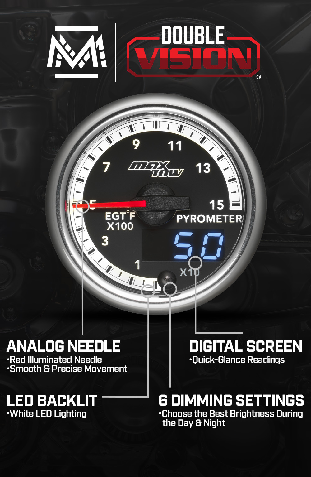 MaxTow Match 4th Gen Cummins 1500F Pyrometer EGT Gauge