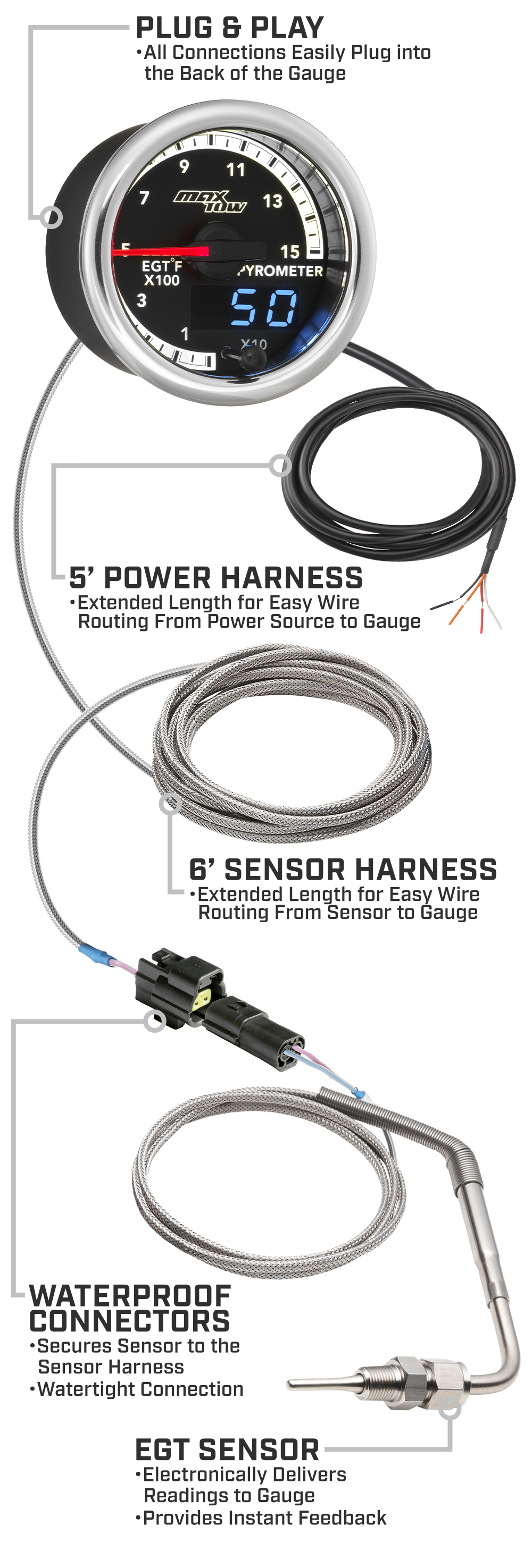 MaxTow Match 4th Gen Cummins 1500F Exhaust Gas Temp Gauge Parts and Wiring