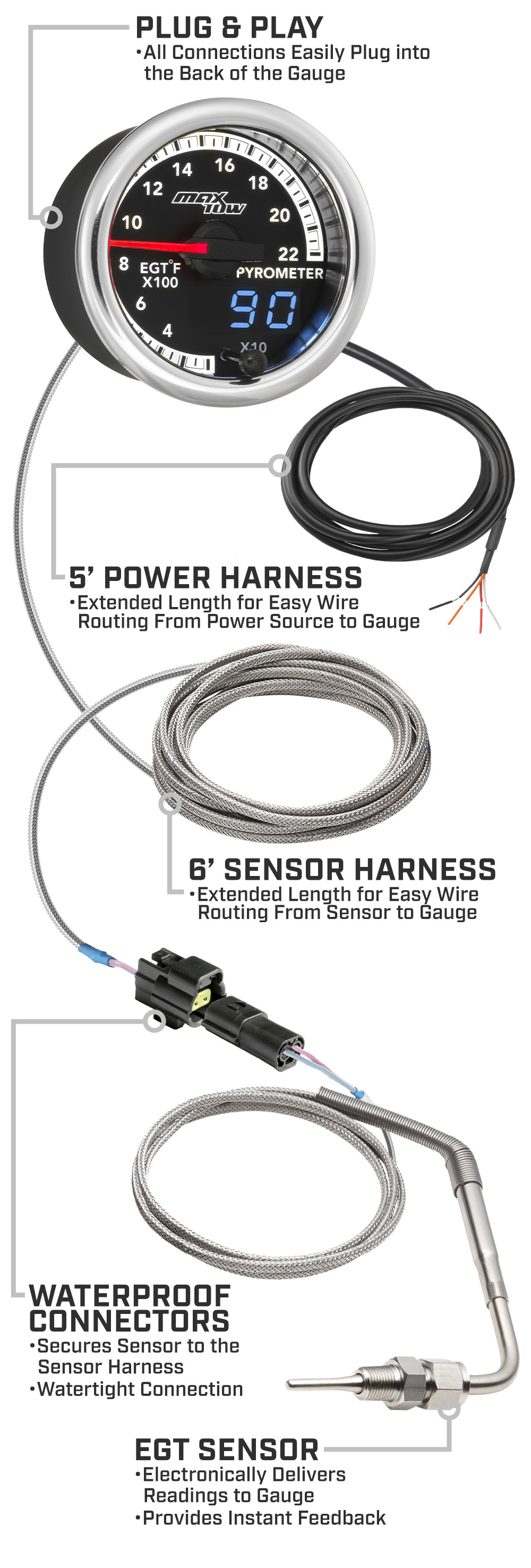 MaxTow Match 4th Gen Cummins 2200 EGT Gauge Parts and Wiring