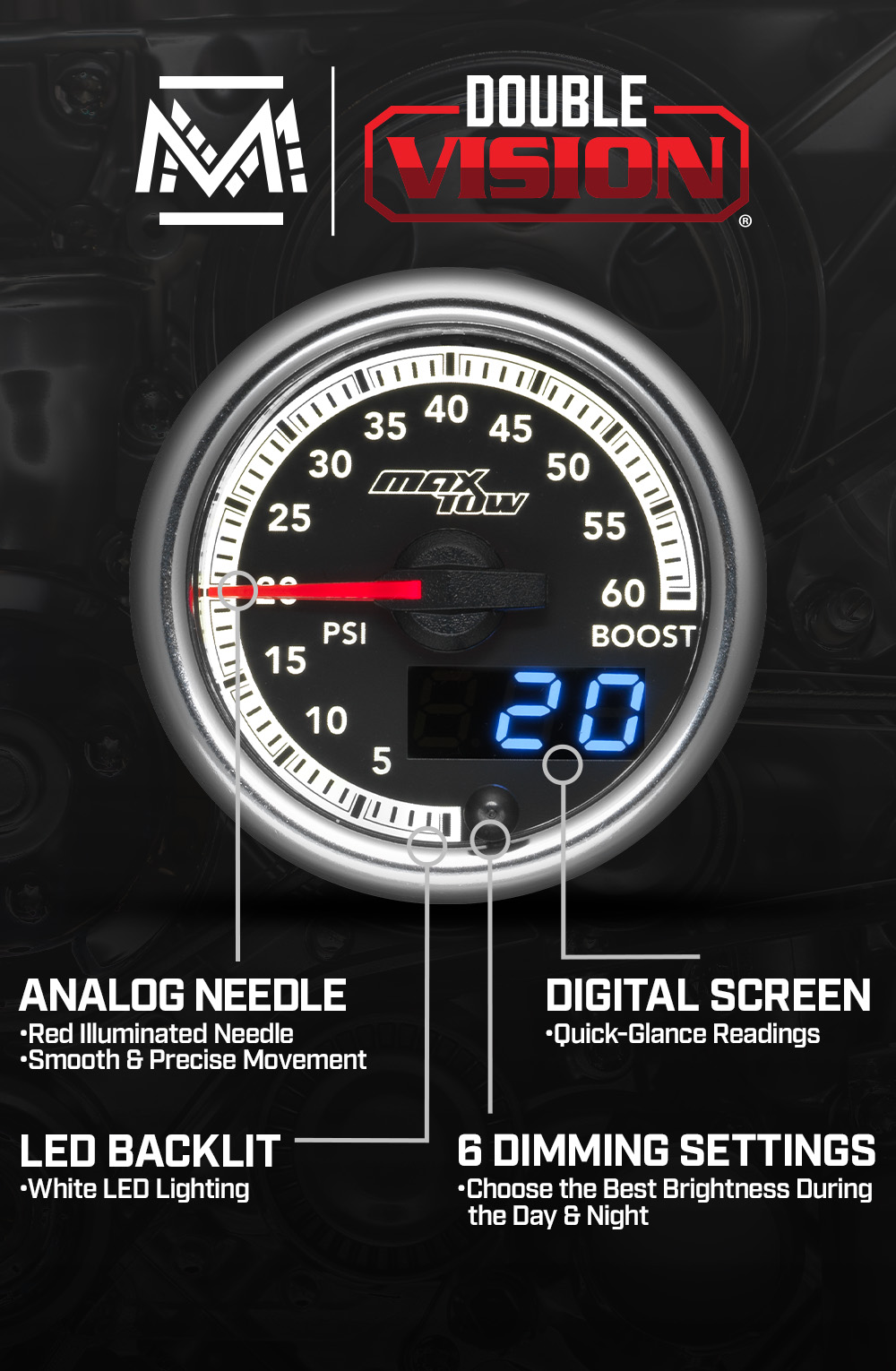 thumbnail image 2 of GlowShift Tinted 2-1/16" 0-60 PSI Diesel Turbo Boost Gauge For Cummins 24V 2 of 6